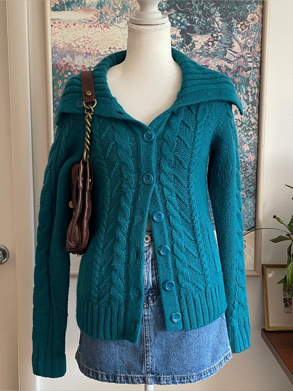 Vintage Y2K Cardigan Small Teal Blue Cable Knit Off Shoulder Indie Downtown Girl